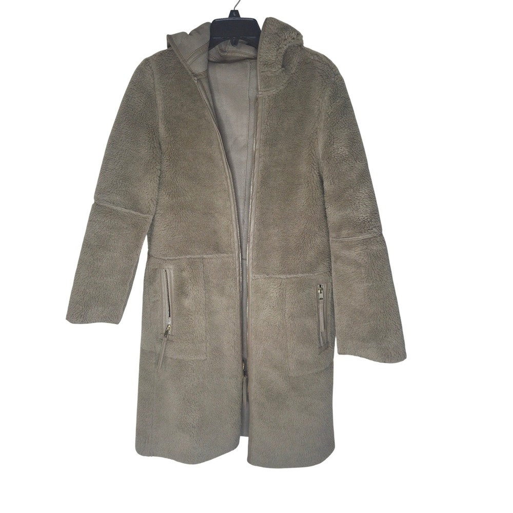 Zara Reversible Faux Shearling Long Hooded Coat Beige Size S - Picture 5 of 5